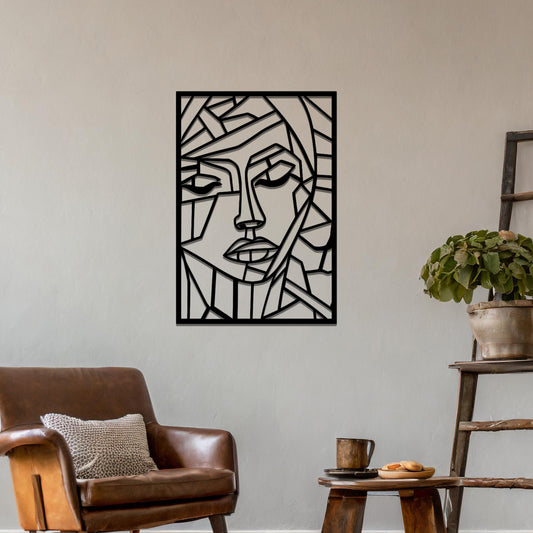 Abstract geometric wall art design of a face, created through angular, fragmented lines that form a modern and artistic interpretation of human features.