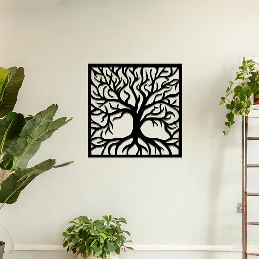 Wall art design showcasing a silhouette of a tree with intricate branches and roots, framed in a square, symbolising strength and growth through its detailed organic pattern.