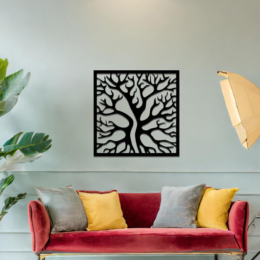 Abstract tree design with intricate branches, framed in a square shape, creating a bold and artistic look for modern wall decor.