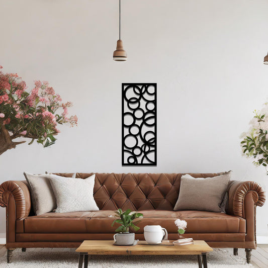 Geometric wall art design featuring an arrangement of overlapping and varying-sized circles, creating a dynamic and modern aesthetic.
