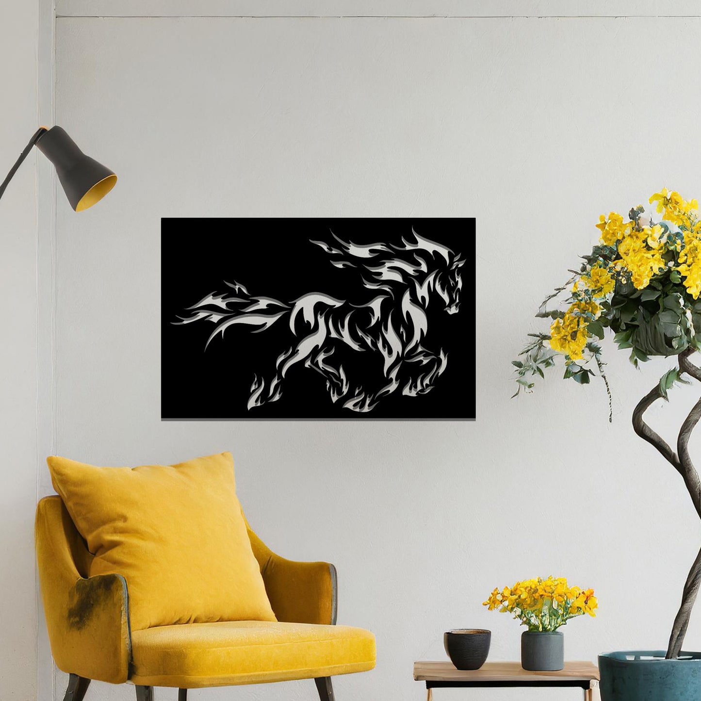 A metal wall art design featuring a powerful horse in motion, with flames integrated into its mane and tail, creating a dynamic and dramatic effect. The artwork is displayed on a neutral wall within a modern setting, enhancing the space's bold, stylish look.
