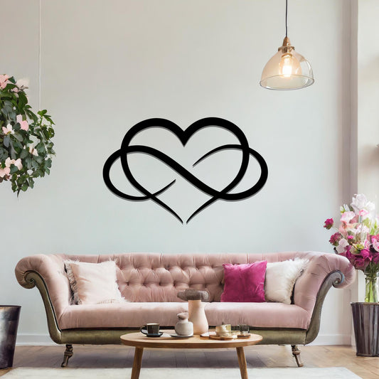 Infinity love heart design with smooth, intertwining curves symbolising eternal love and connection, presented in a bold and minimalist style, perfect for adding a touch of elegance to any space.