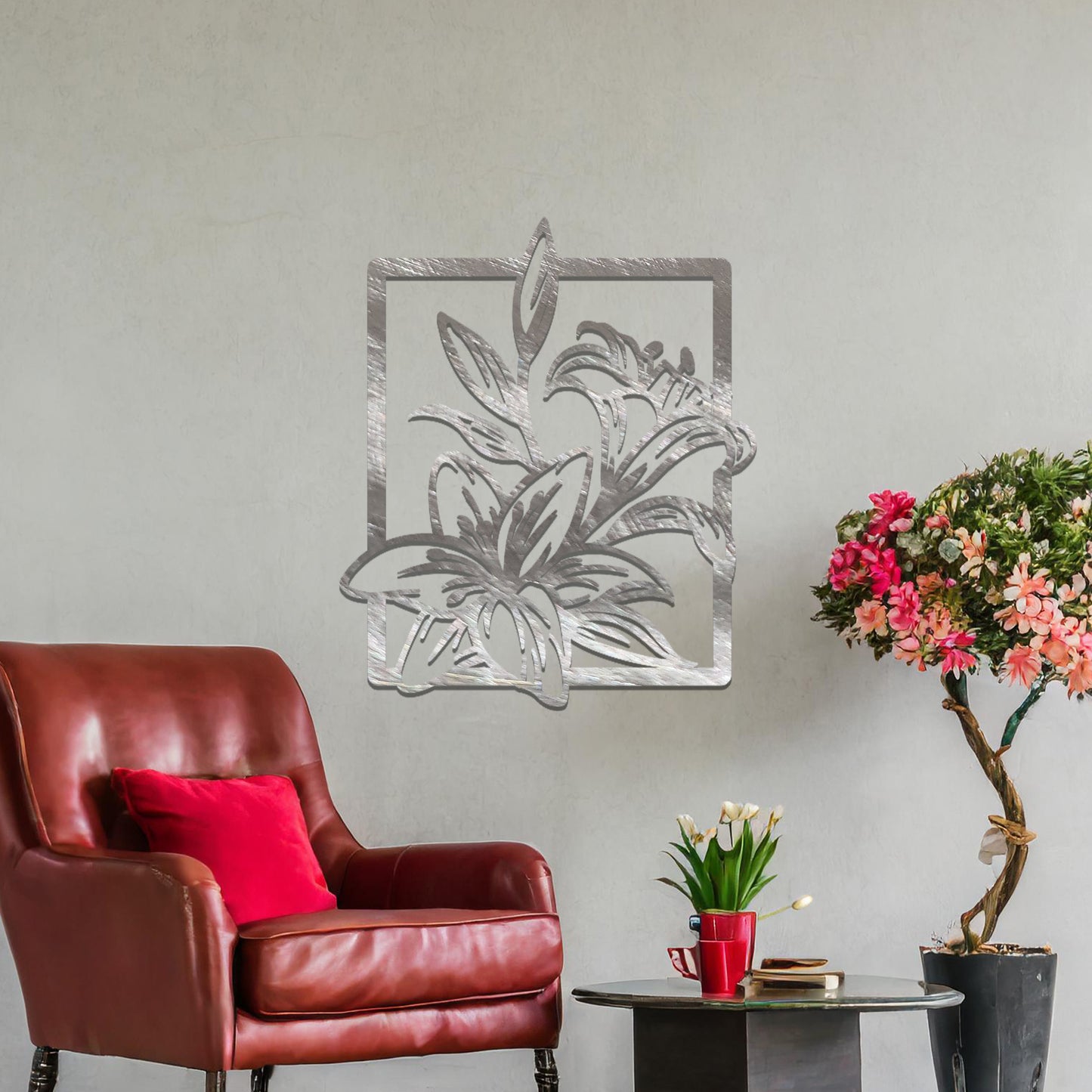 Metal wall art featuring a rectangular design with elegant floral motifs, including detailed lilies and leaves, adding a touch of sophistication and natural beauty to the space.