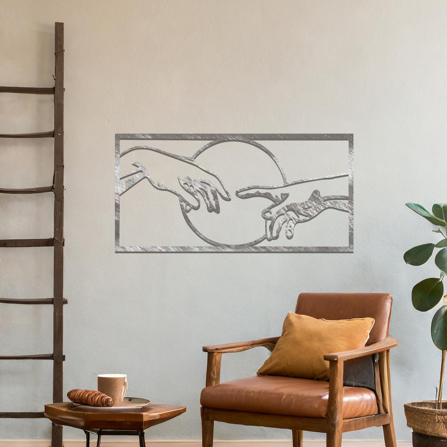 Inspired by Michelangelo’s "Creation of Adam," this artistic design captures the iconic moment of two hands almost touching within a circular frame. A timeless representation of connection and artistry.