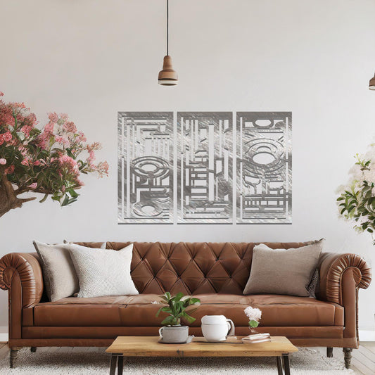 Modern geometric wall art consisting of three panels, each featuring intricate designs with circular and rectangular elements. The artwork is displayed in a contemporary living room with neutral-toned furniture and plants.