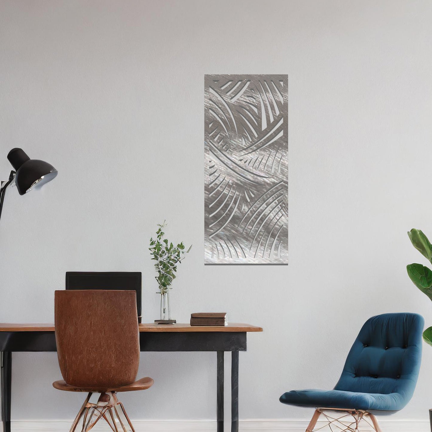 A dynamic metal wall art design featuring intricate curved lines and sweeping arcs, creating a sense of movement and depth. The artwork is displayed on a neutral wall within a modern living space, adding a sophisticated touch.