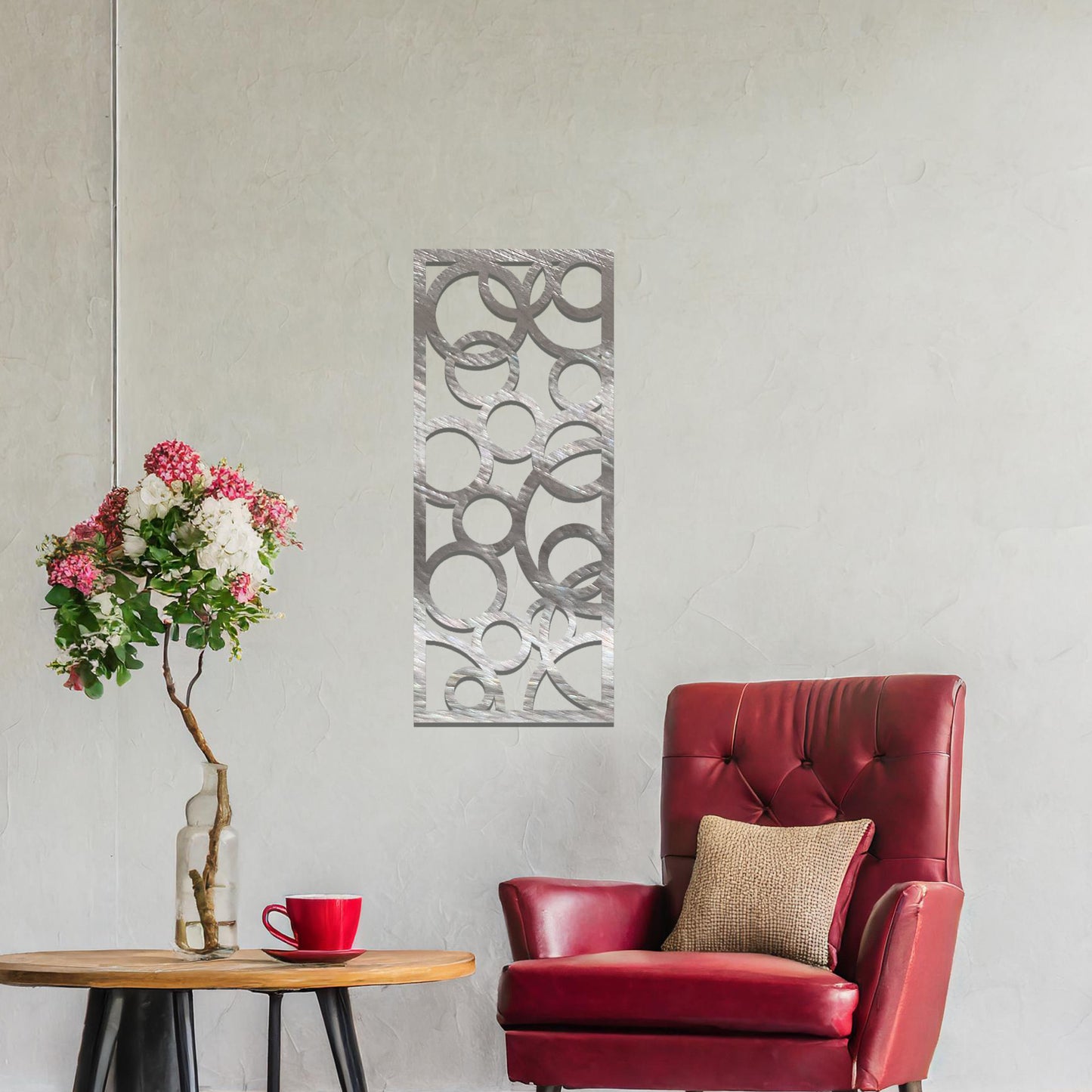 Geometric wall art design featuring an arrangement of overlapping and varying-sized circles, creating a dynamic and modern aesthetic.