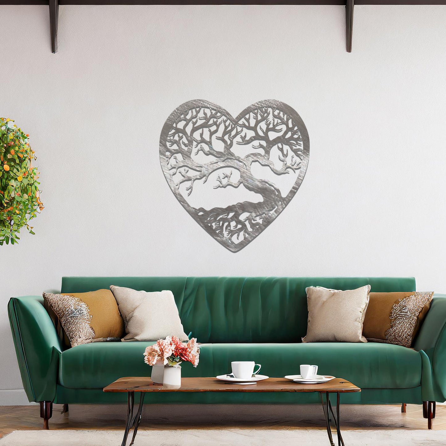 Metal wall art featuring a heart-shaped design with a detailed tree and intricate branching pattern, creating a striking and artistic focal point for the room.