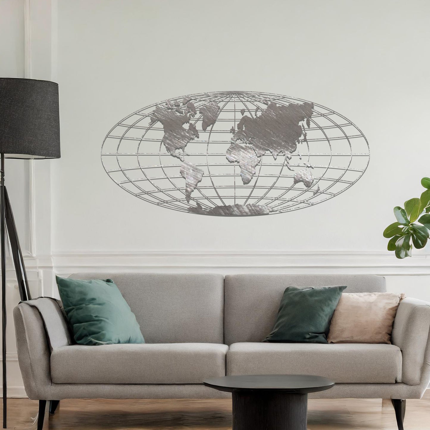 Metal wall art featuring a detailed world map design within an oval grid pattern, crafted with precise laser-cut techniques, displayed on a neutral wall within modern decor.