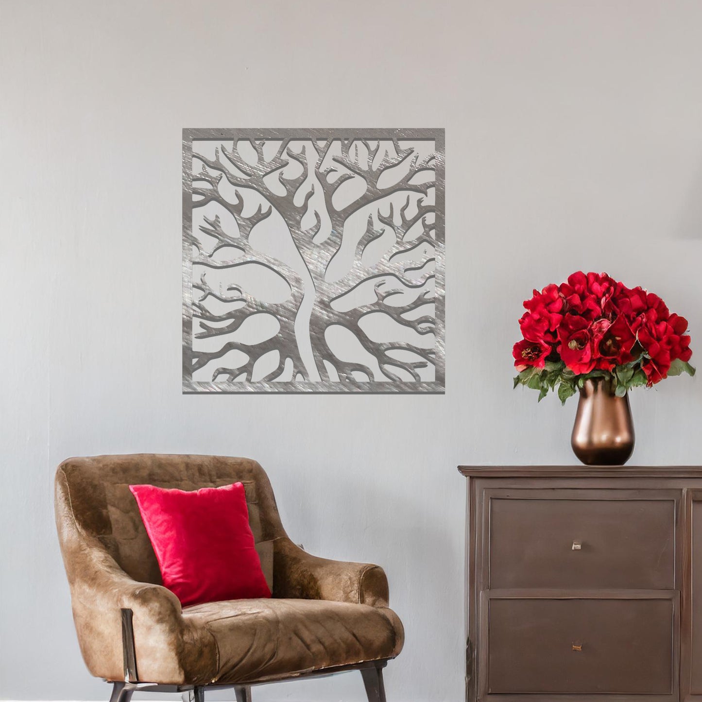 Abstract tree design with intricate branches, framed in a square shape, creating a bold and artistic look for modern wall decor.
