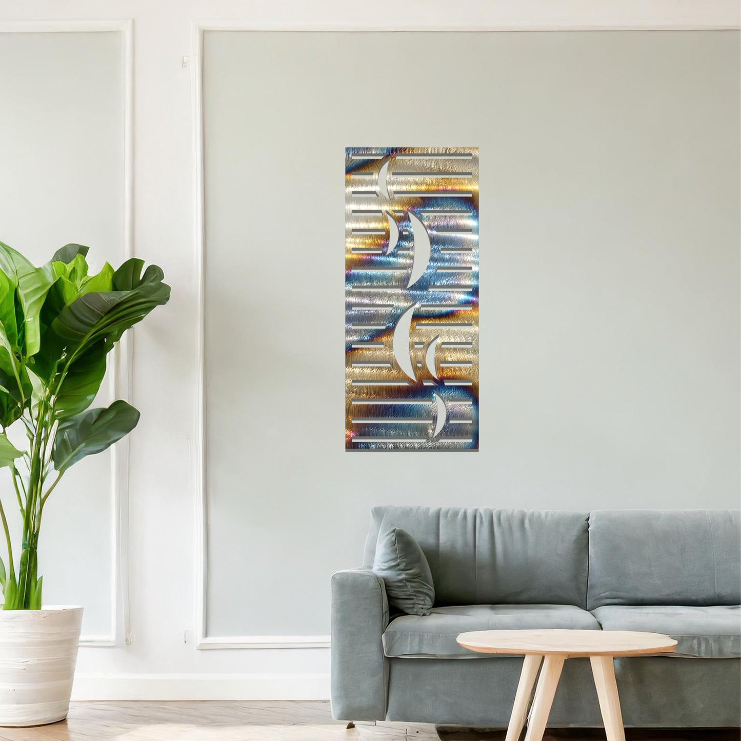 A sleek and modern metal wall art design featuring curving abstract shapes set against horizontal stripes, creating a dynamic and contemporary look. The artwork is displayed on a neutral wall within a stylish, minimalistic setting.