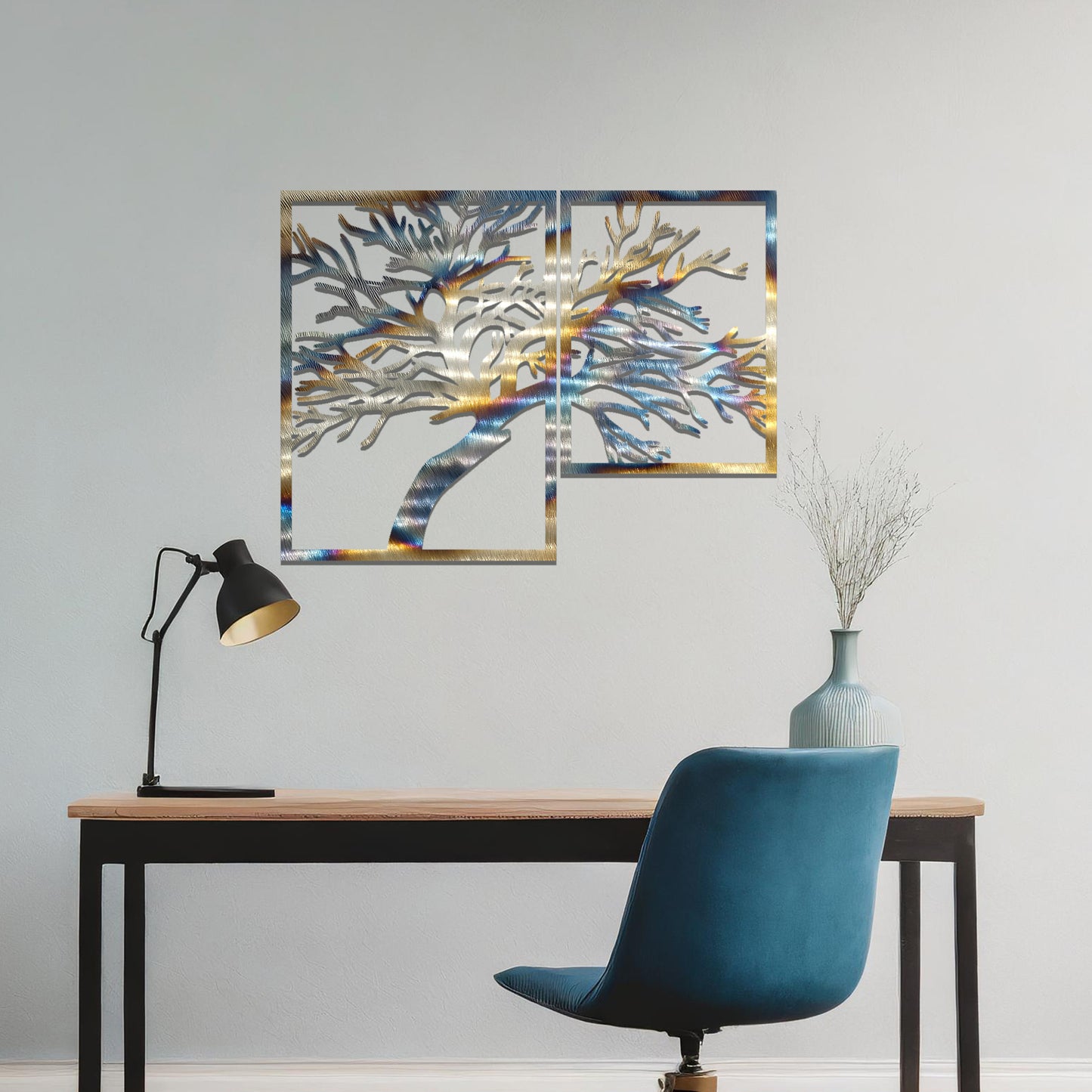 Metal wall art featuring a two-panel design with an intricate tree silhouette, mounted on a neutral wall within modern bedroom decor. The rust finish adds warmth, and the detailed branches create a beautiful and organic focal point.