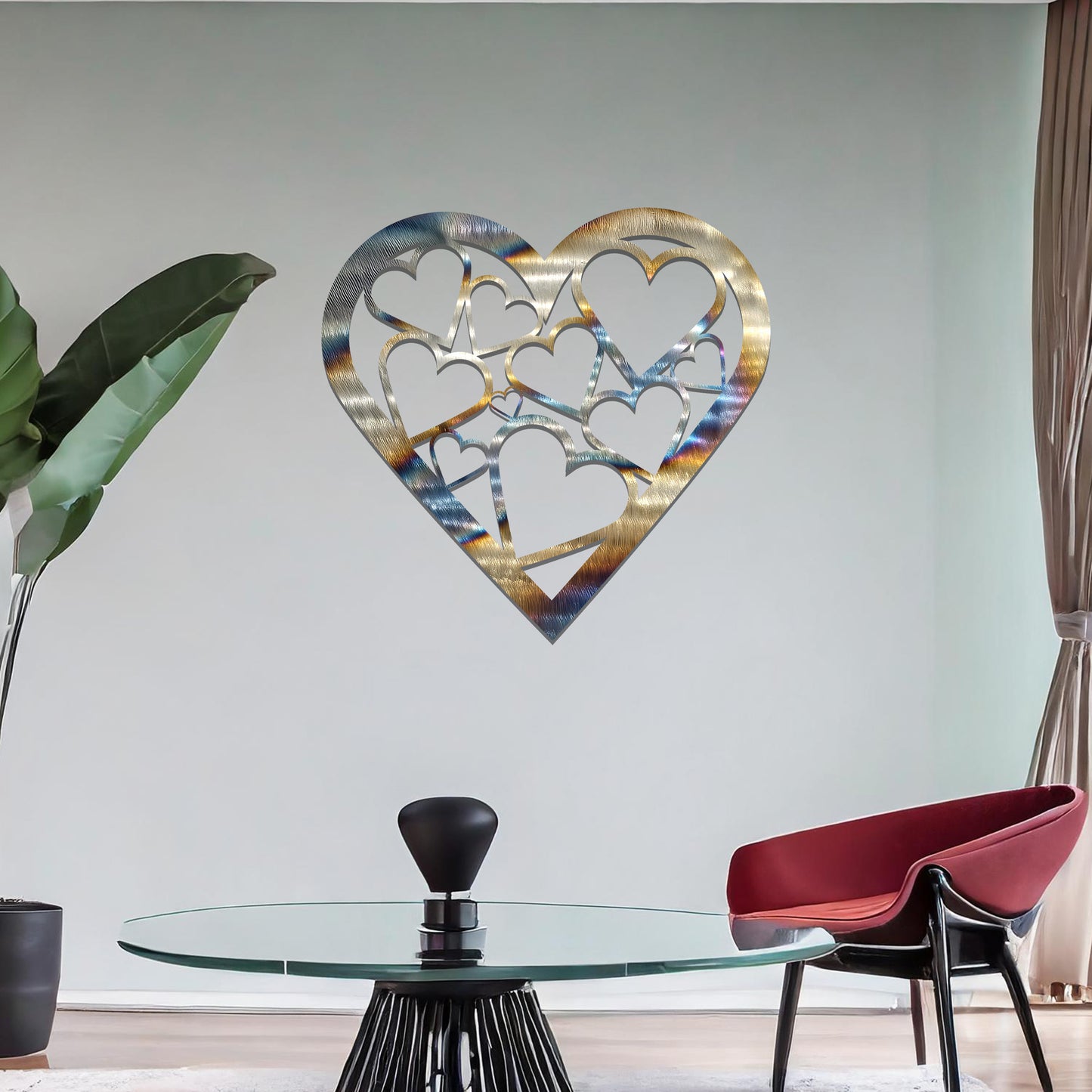 Modern heart-shaped wall art featuring a pattern of interconnected hearts, creating a stylish and romantic accent for your living space.