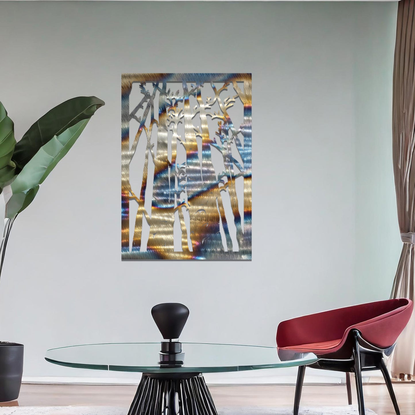 Metal wall art featuring a rectangular design of tall trees with bare branches, showcasing intricate details, displayed on a neutral wall within modern decor.