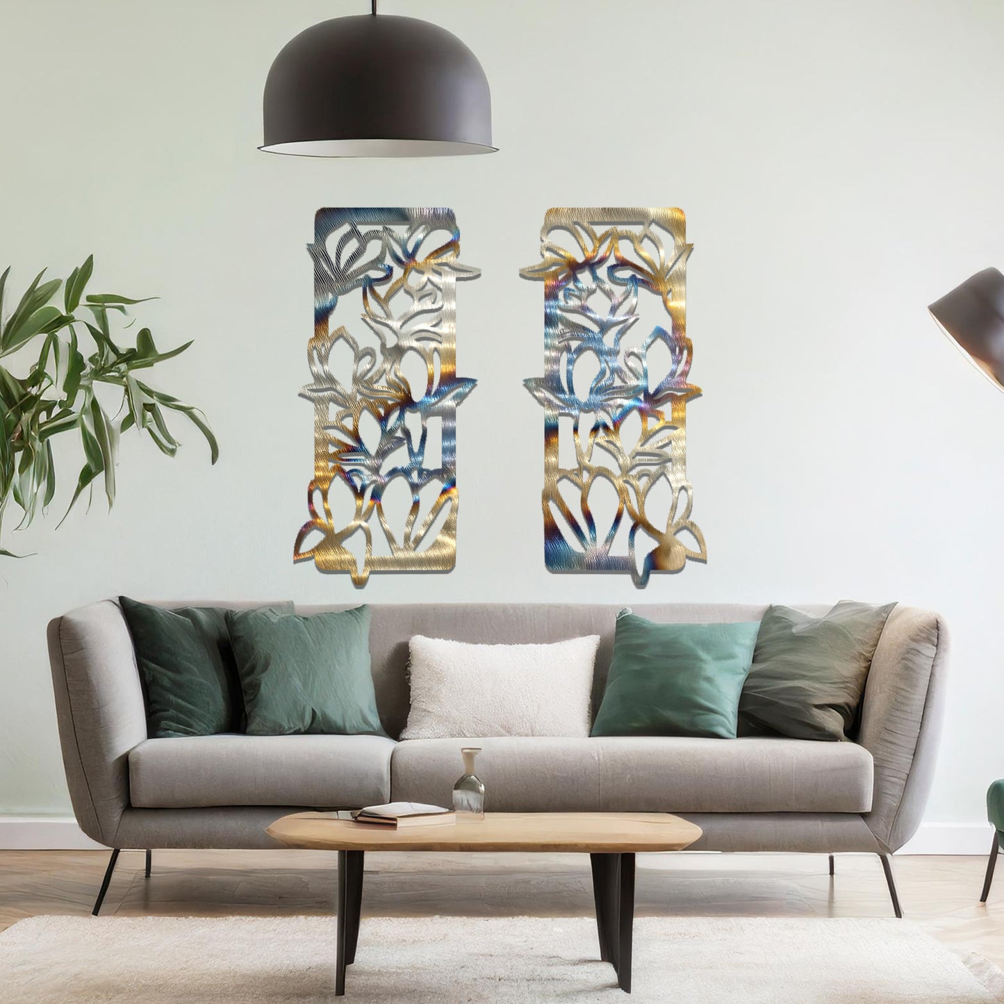Metal wall art featuring a pair of vertical panels with floral-inspired designs of intertwined stems and leaves, crafted with precise laser-cut detailing, displayed on a neutral wall within modern decor.
