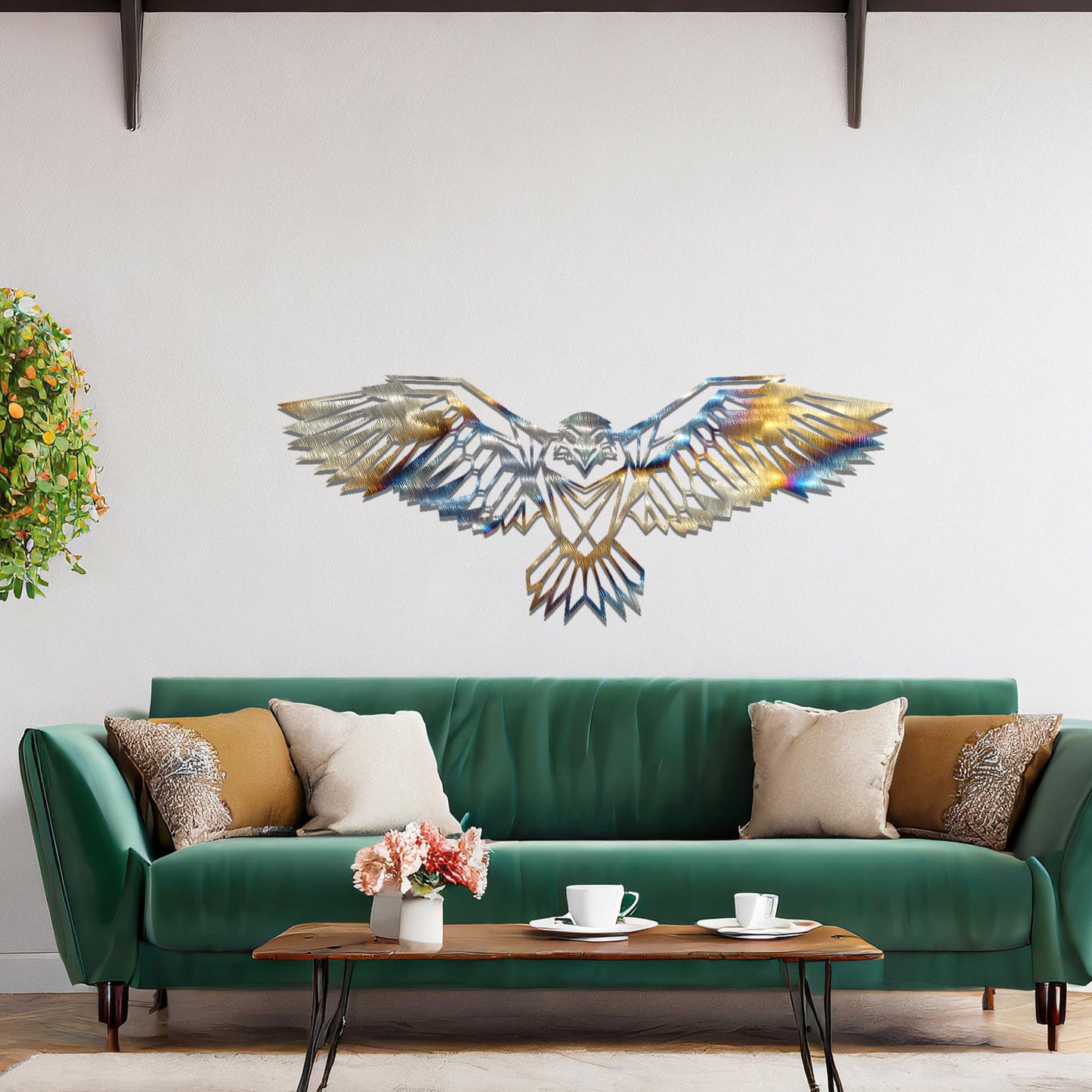 Metal wall art featuring a geometric eagle design with outstretched wings and intricate detailing, crafted with precise laser-cut techniques, displayed on a neutral wall within modern decor.