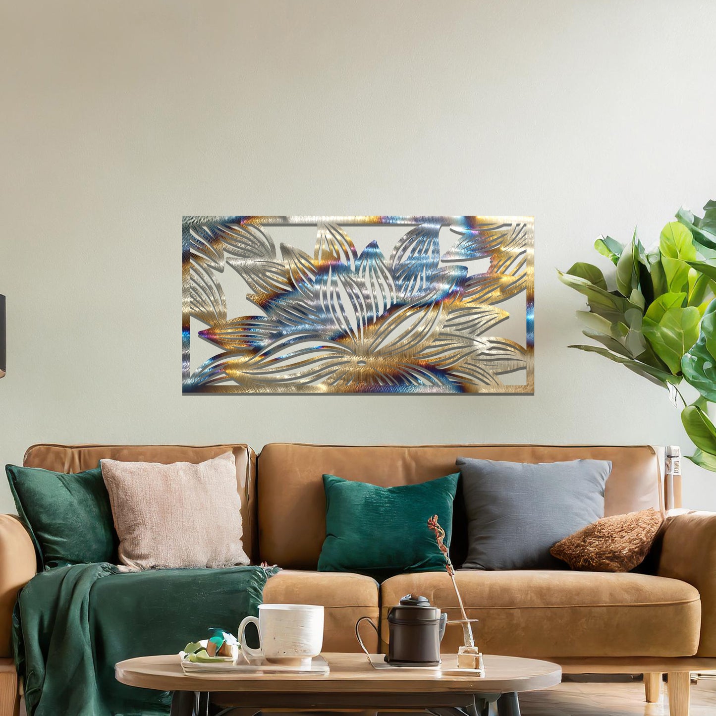 A metal wall art design showcasing a lotus flower with detailed, flowing petals. The design is framed within a rectangular shape. The art is displayed on a neutral wall within a modern living room setting, complementing the room's elegant decor.