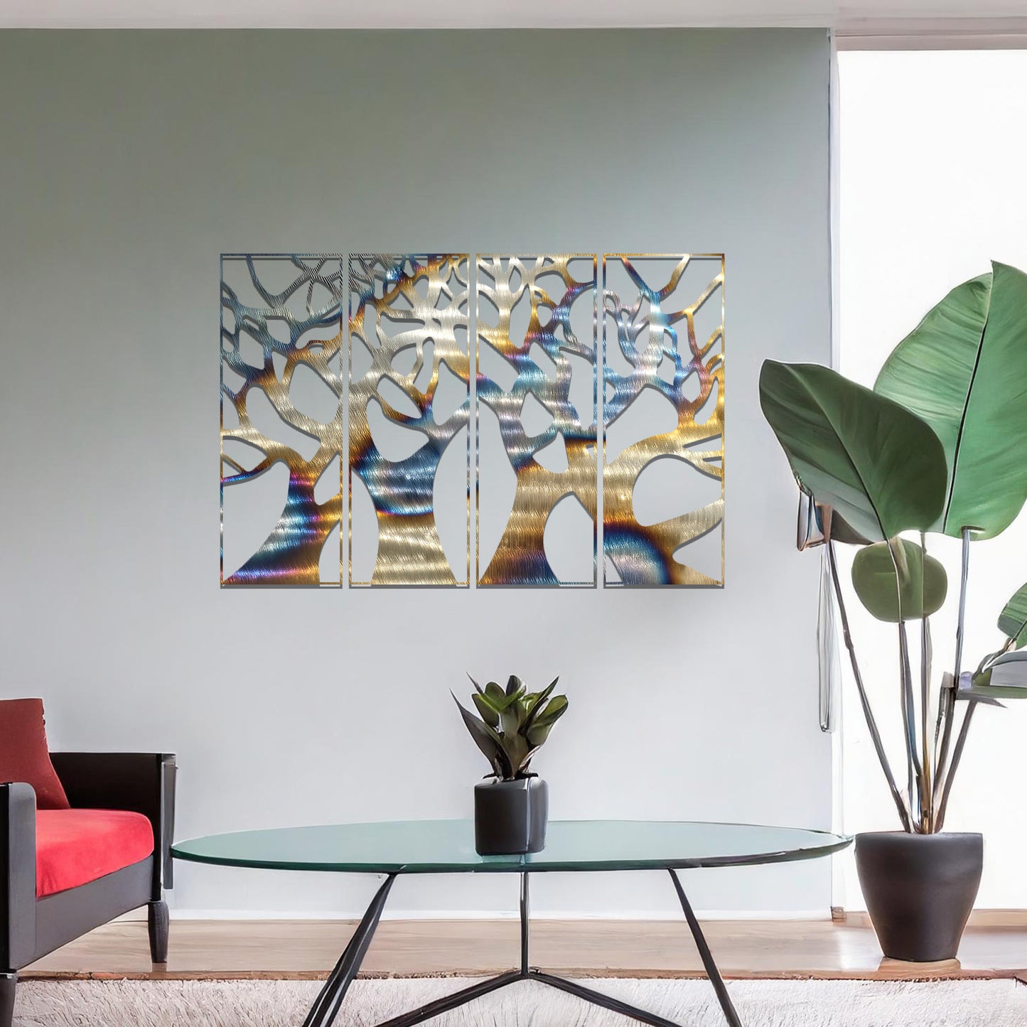 Metal wall art featuring a four-panel design of interconnected tree trunks and branches, showcasing intricate details and organic shapes, creating a striking and nature-inspired statement piece for the interior.