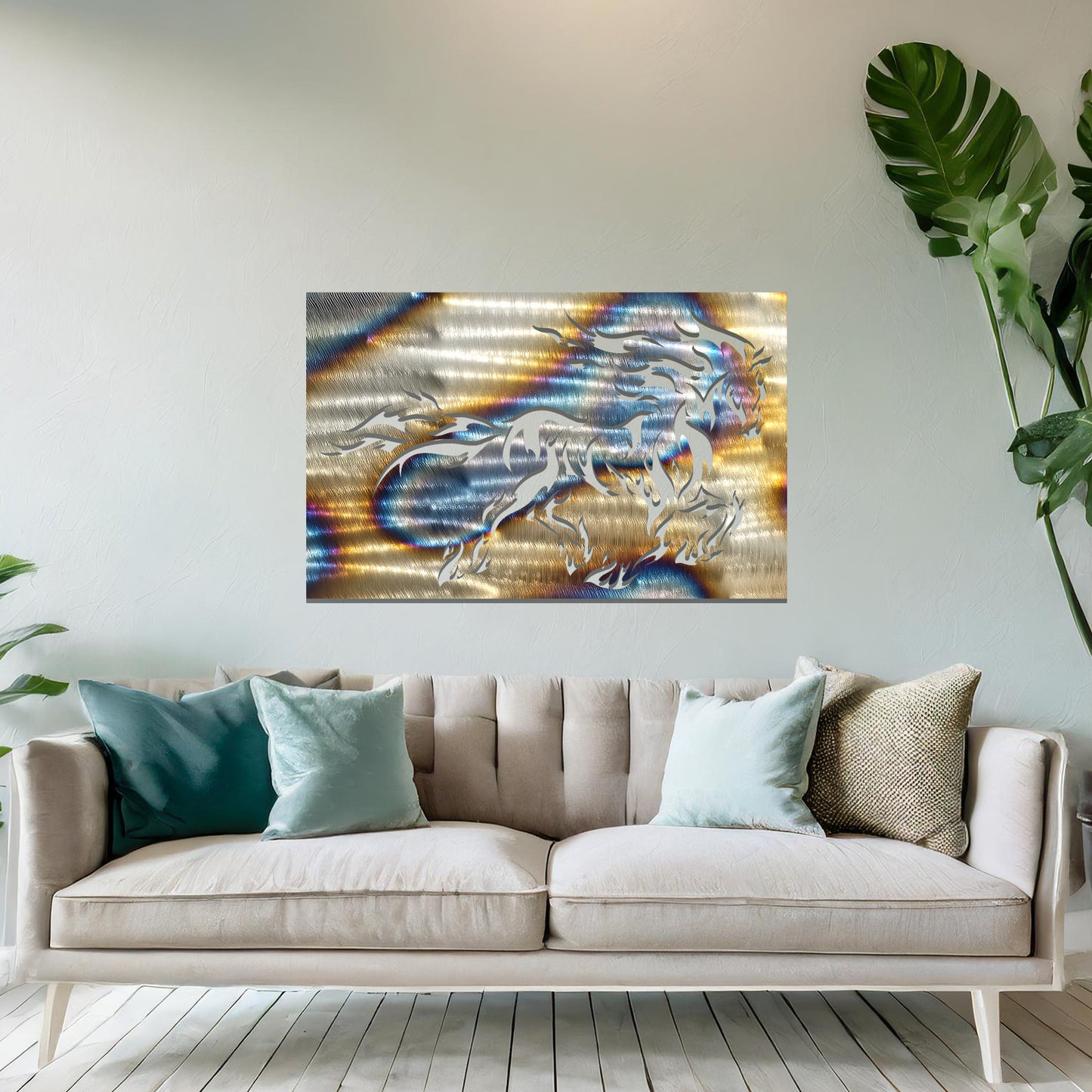 A metal wall art design featuring a powerful horse in motion, with flames integrated into its mane and tail, creating a dynamic and dramatic effect. The artwork is displayed on a neutral wall within a modern setting, enhancing the space's bold, stylish look.