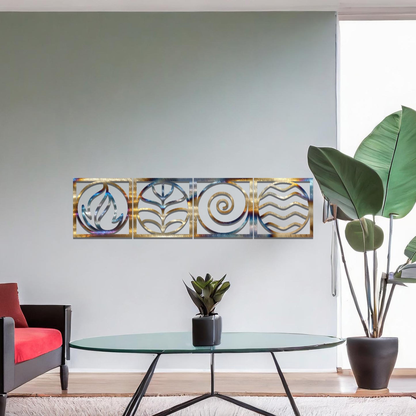 A geometric representation of the four classical elements: fire, earth, air, and water, displayed in a minimalist, rust-effect design. Each symbol is framed for a balanced and artistic look.