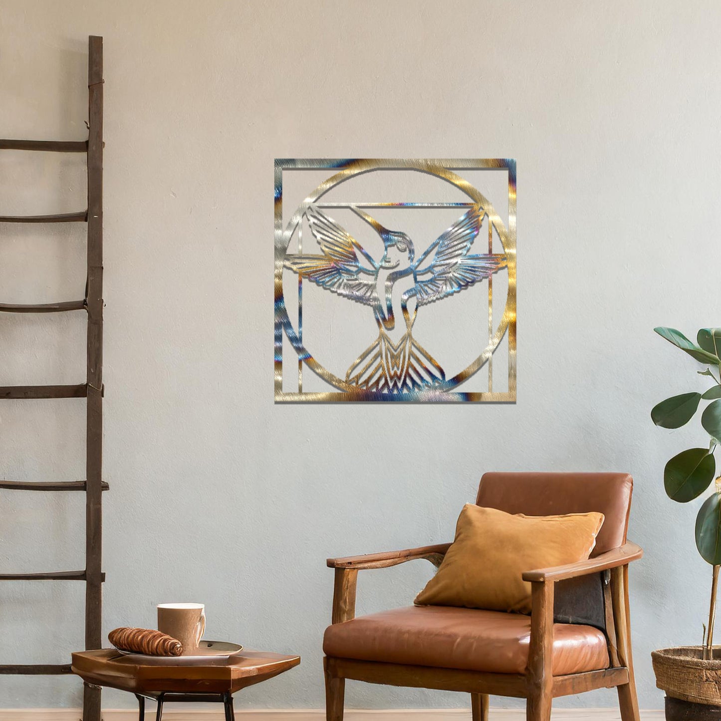 Square wall art featuring a hummingbird in a geometric frame, its wings spread gracefully within a circular design, adding a harmonious and elegant focal point to your space.