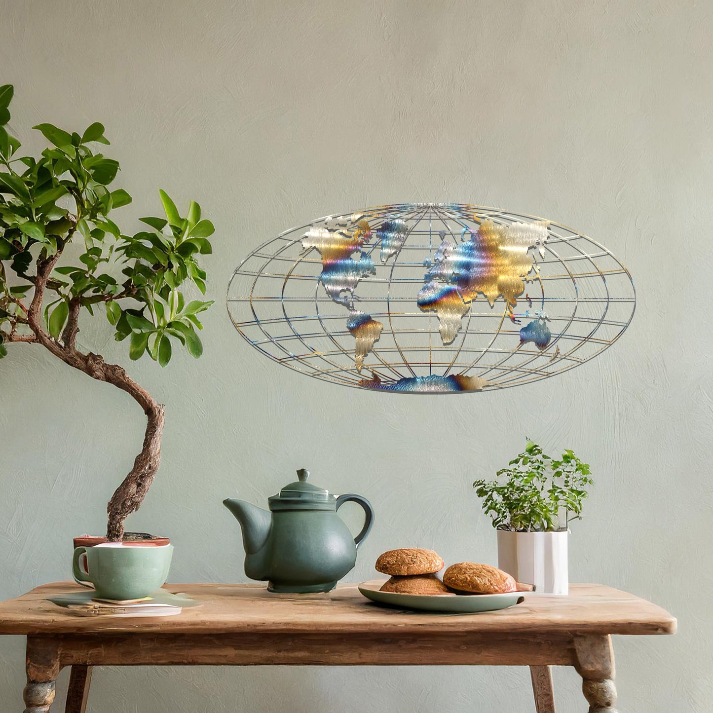 Metal wall art featuring a detailed world map design within an oval grid pattern, crafted with precise laser-cut techniques, displayed on a neutral wall within modern decor.