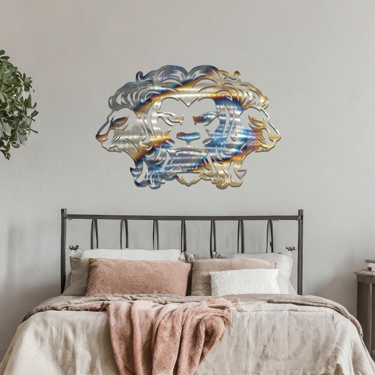 A bold and powerful design showcasing a roaring lion flanked by two ram heads, symbolising strength and leadership. The intricate details bring this dynamic composition to life, perfect for statement decor.
