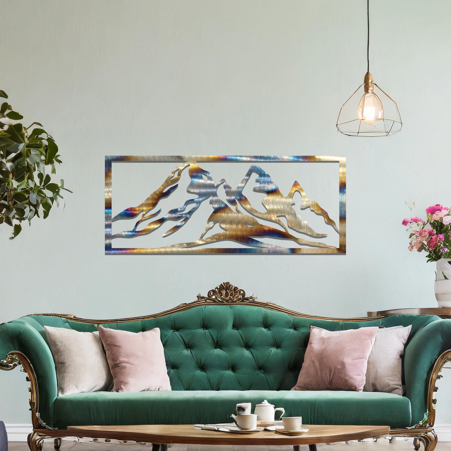 A captivating wall art design featuring a majestic mountain range, crafted with clean lines and artistic contours to evoke a sense of adventure and natural beauty. Perfect for enhancing your interior aesthetic.