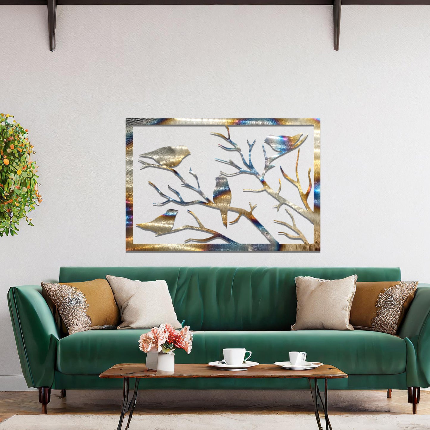 Metal wall art featuring a rectangular design of birds perched on bare branches, showcasing intricate silhouettes and adding a touch of nature-inspired charm to the interior space.