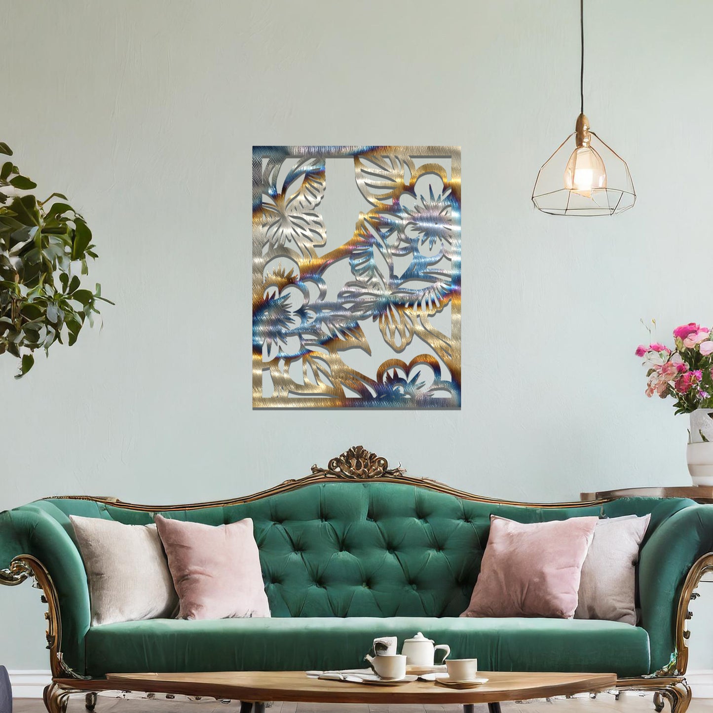 Metal wall art featuring a square design with a floral motif of blooming flowers and intricate leaves, mounted on a neutral wall within modern bedroom decor. The delicate detailing and natural theme create a soothing and elegant focal point, enhancing the space's aesthetic.