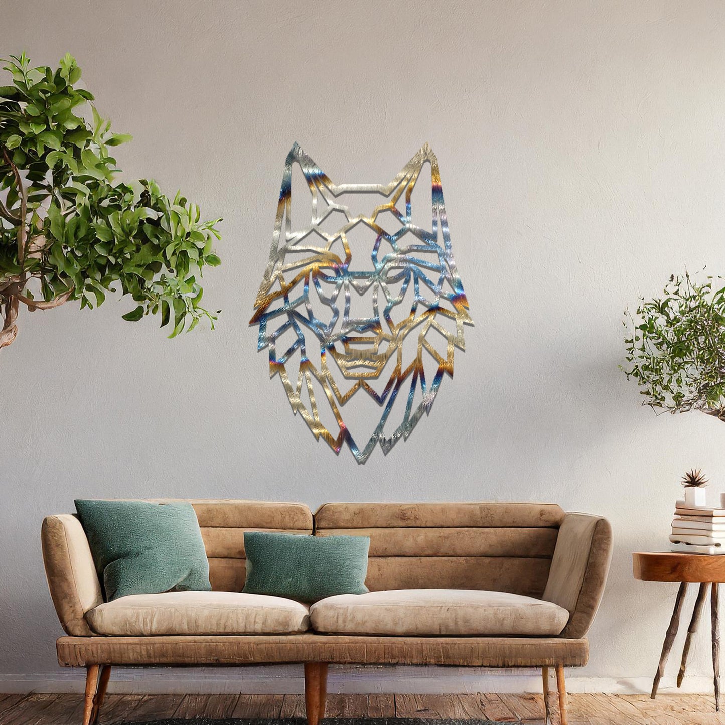 A geometric wolf head wall art design, blending modernity with the untamed spirit of nature. Its intricate lines form a striking focal point for any contemporary living space.