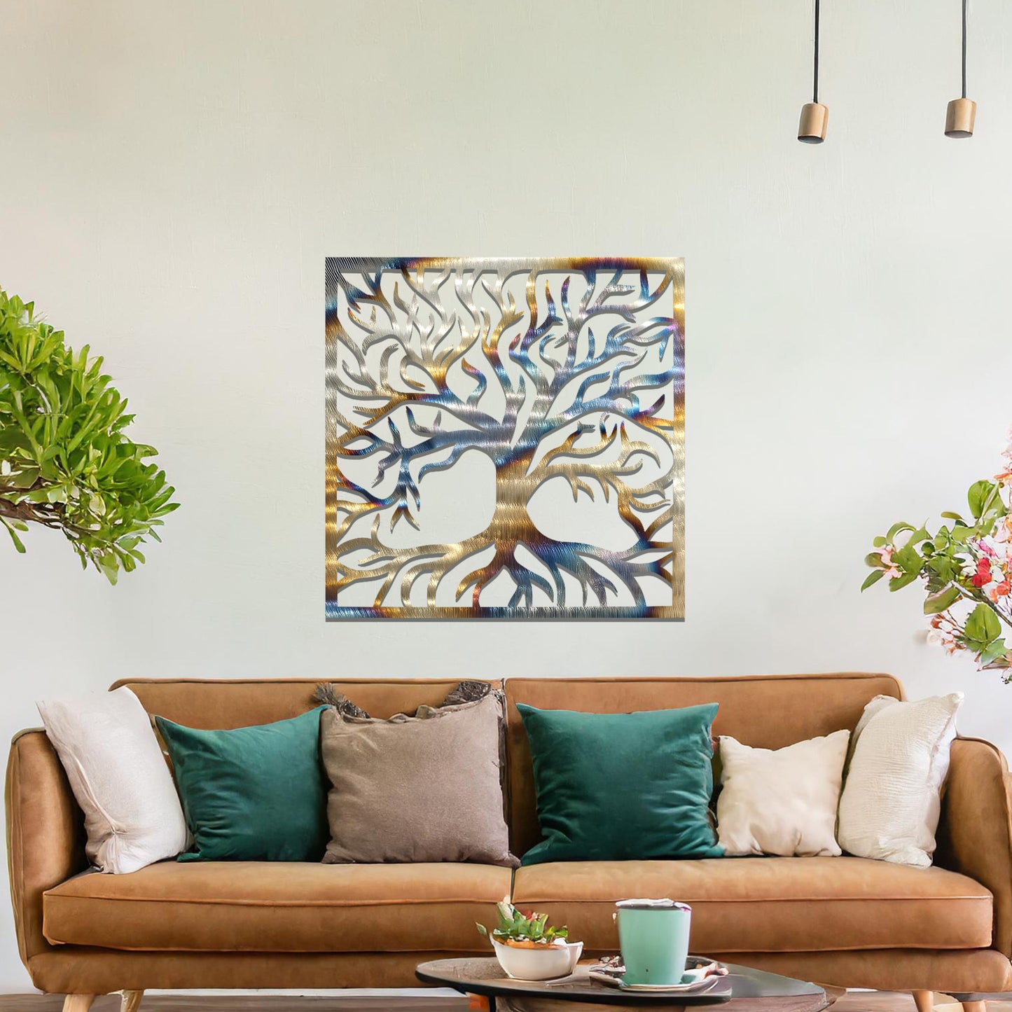 Wall art design showcasing a silhouette of a tree with intricate branches and roots, framed in a square, symbolising strength and growth through its detailed organic pattern.