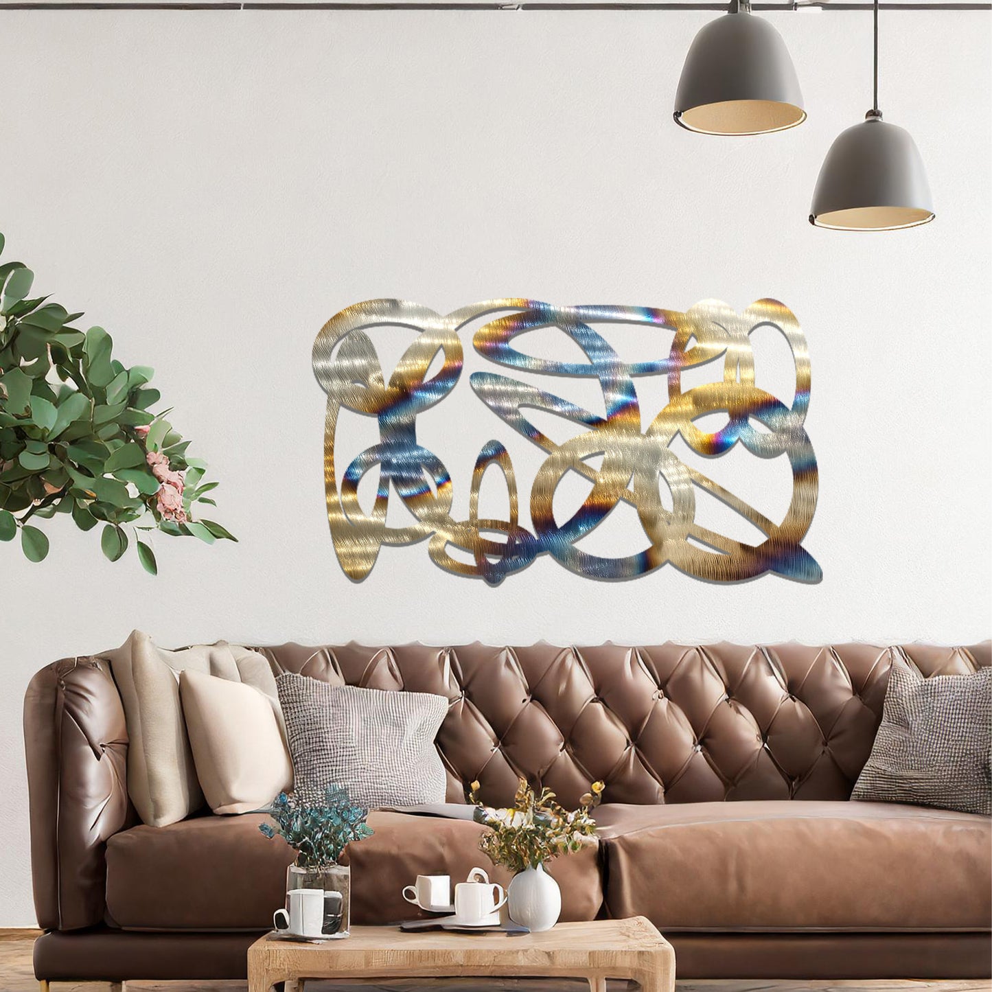 Metal wall art featuring a dynamic, abstract design with overlapping loops and curves. The art is placed on a neutral wall within modern room decor, creating a bold and fluid statement in the space.