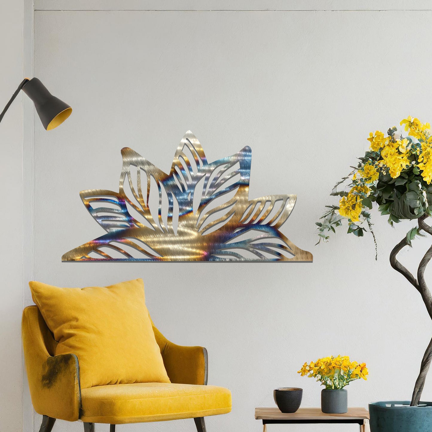 A beautifully intricate metal wall art design featuring a large, stylized lotus flower with detailed, flowing leaves. The art piece is placed on a neutral wall within a modern living room, adding elegance and natural beauty to the space.