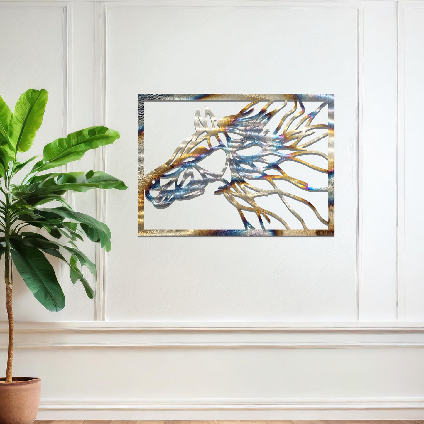 Dynamic depiction of a horse head in abstract lines, capturing motion and strength in an artistic frame. Perfect for equestrian enthusiasts or as a statement design in modern interiors.