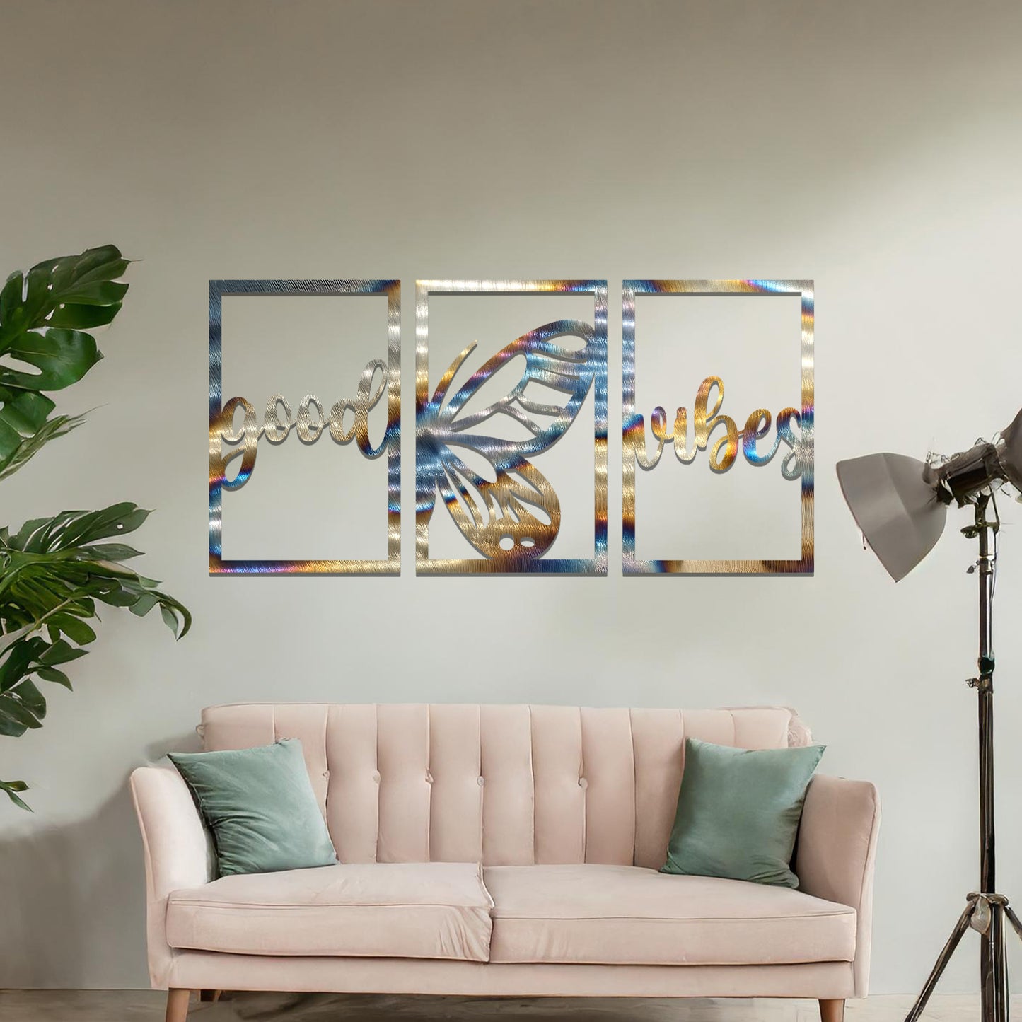 A charming triptych wall art design with a "good vibes" script and a central butterfly illustration. Perfect for creating a positive and uplifting atmosphere in your living space.