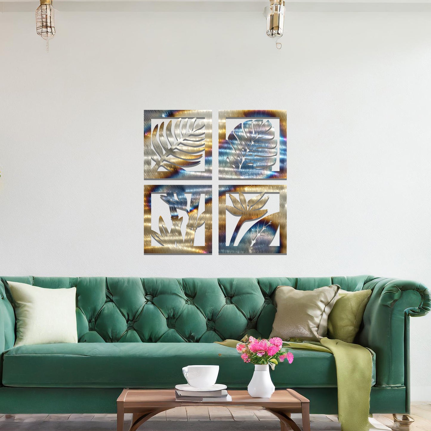 Metal wall art featuring four square panels with intricate leaf designs. The panels showcase detailed plant patterns arranged in a modern layout, mounted on a neutral wall within contemporary room decor, enhancing the room's natural ambiance