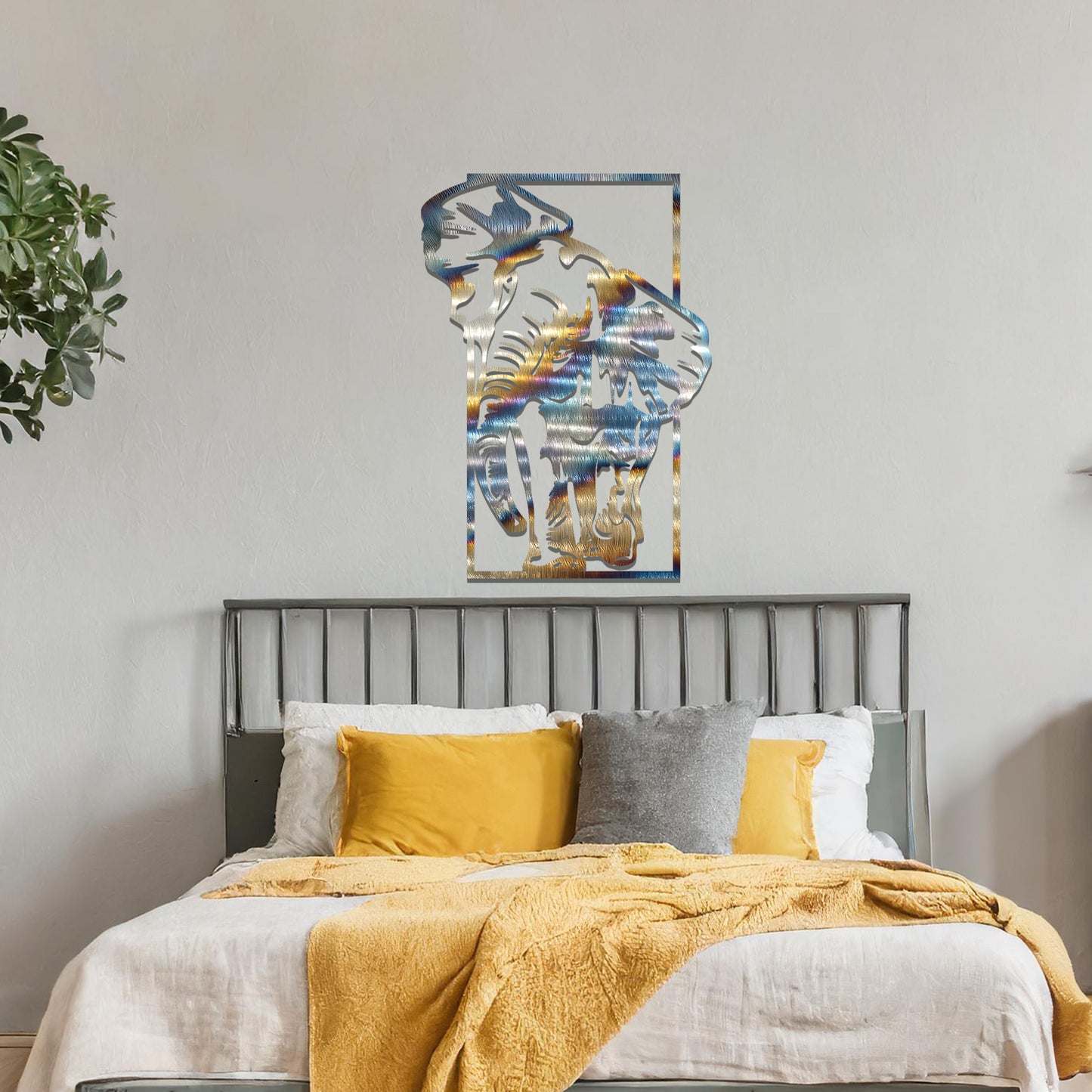 Metal wall art featuring a detailed silhouette of an elephant walking, framed by a rectangular border. The art is placed on a neutral wall in a modern office setting, adding a dynamic and nature-inspired element to the workspace decor.