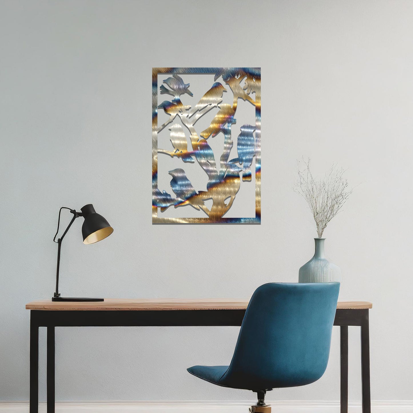 A beautifully crafted wall art featuring a flock of birds perched on branches, showcasing nature's harmony and elegance. A perfect addition to enhance your space with a touch of serenity and charm.