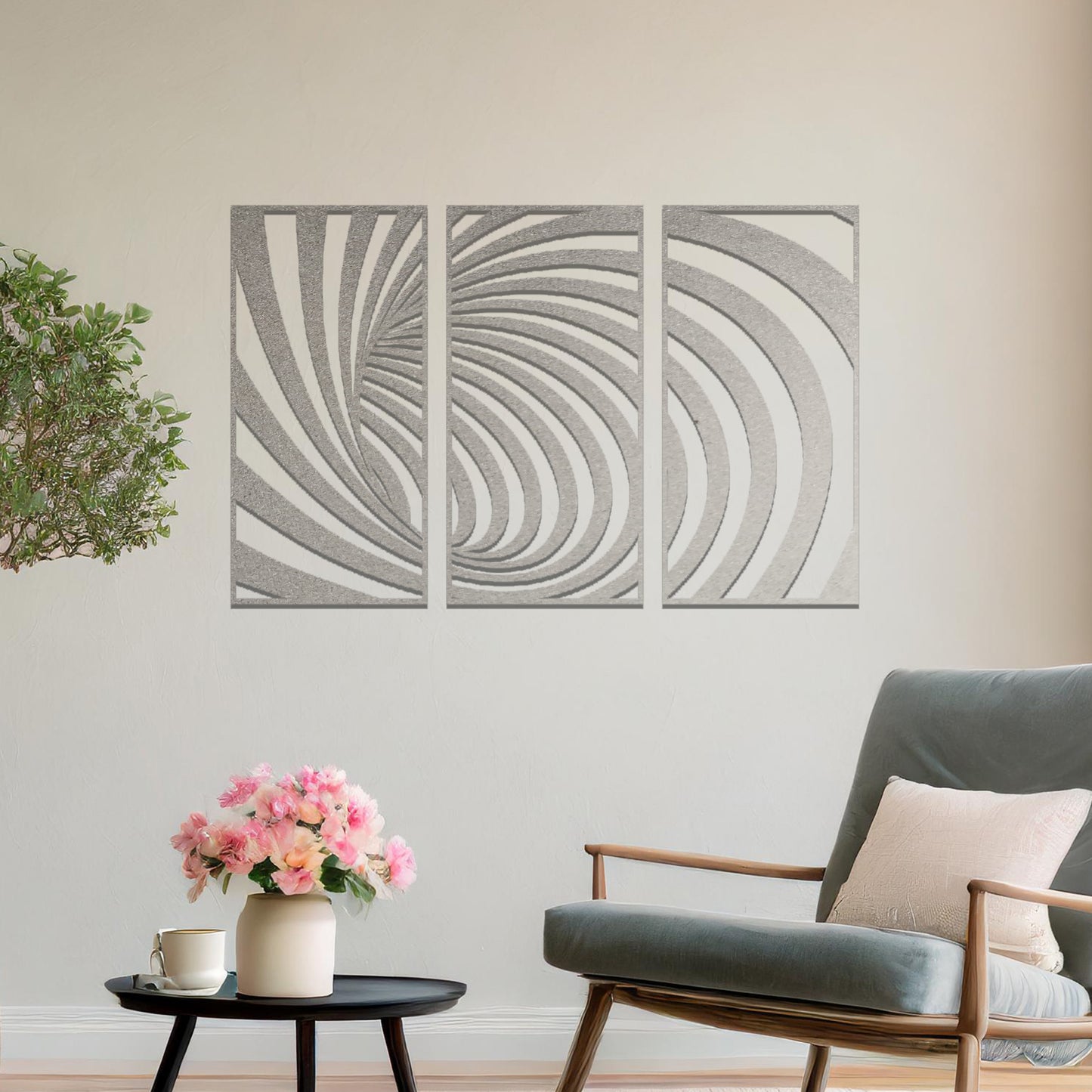 Metal wall art featuring a three-panel design with swirling, spiral-inspired patterns, crafted with precise laser-cut detailing, displayed on a neutral wall within modern decor.