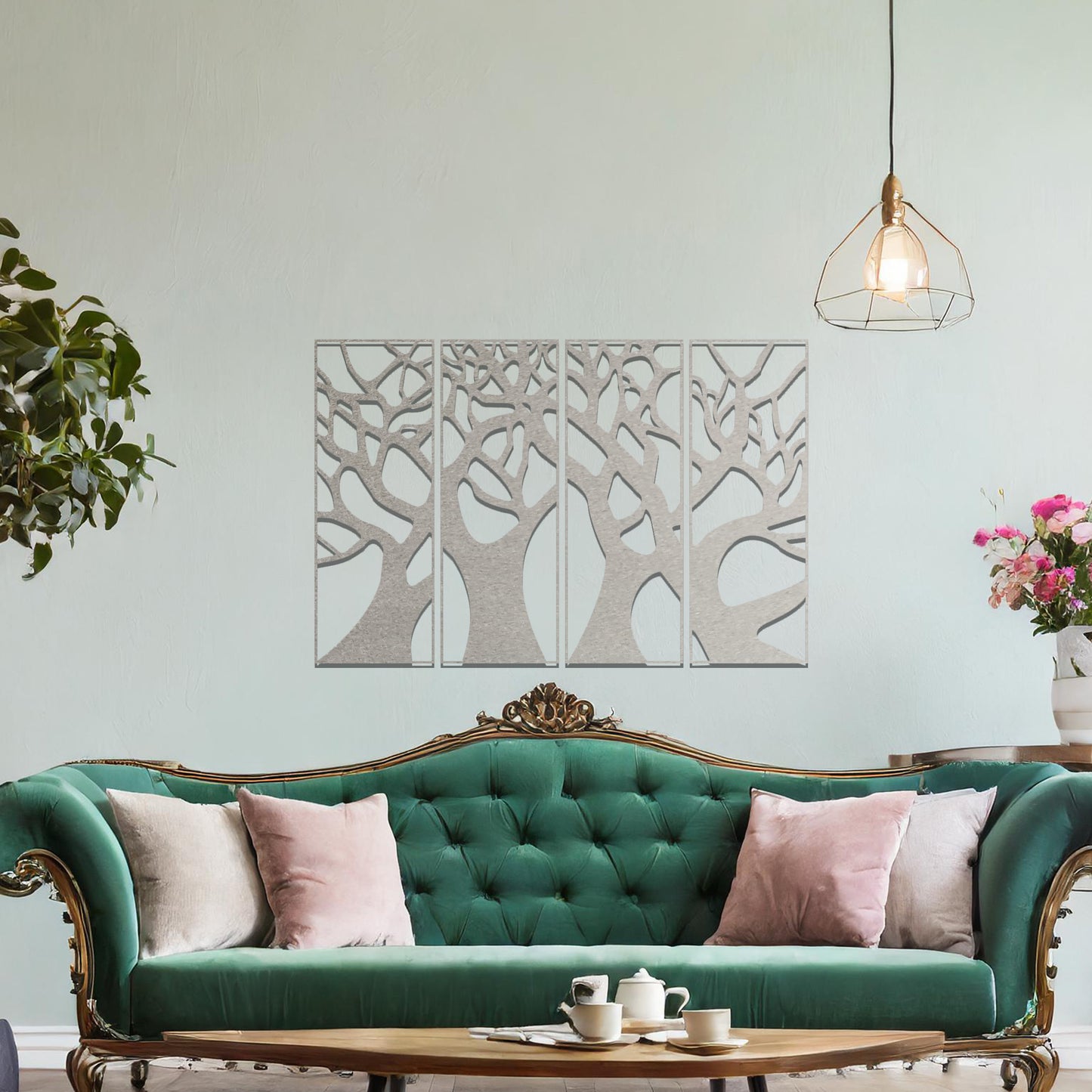 Metal wall art featuring a four-panel design of interconnected tree trunks and branches, showcasing intricate details and organic shapes, creating a striking and nature-inspired statement piece for the interior.