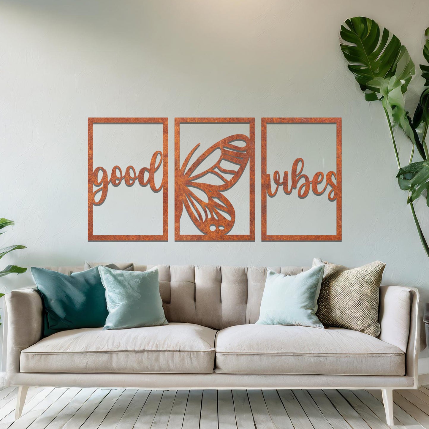 A charming triptych wall art design with a "good vibes" script and a central butterfly illustration. Perfect for creating a positive and uplifting atmosphere in your living space.