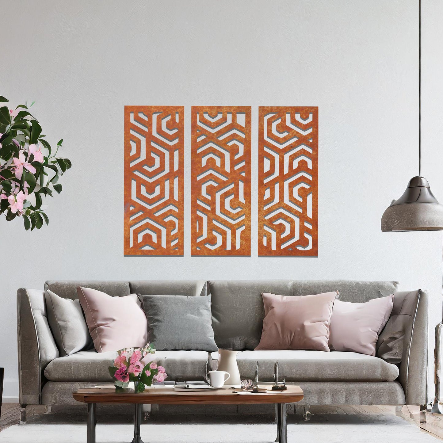 A modern geometric wall art triptych featuring intricate interlocking patterns, perfect for adding depth and sophistication to your living space with a contemporary edge.