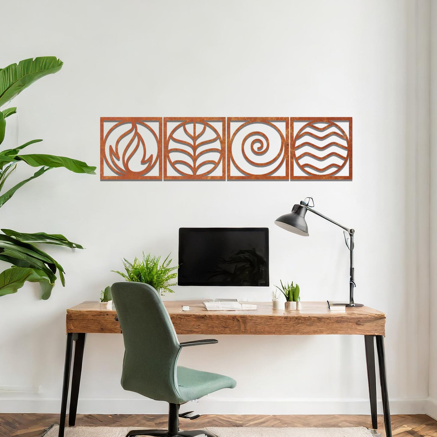 A geometric representation of the four classical elements: fire, earth, air, and water, displayed in a minimalist, rust-effect design. Each symbol is framed for a balanced and artistic look.