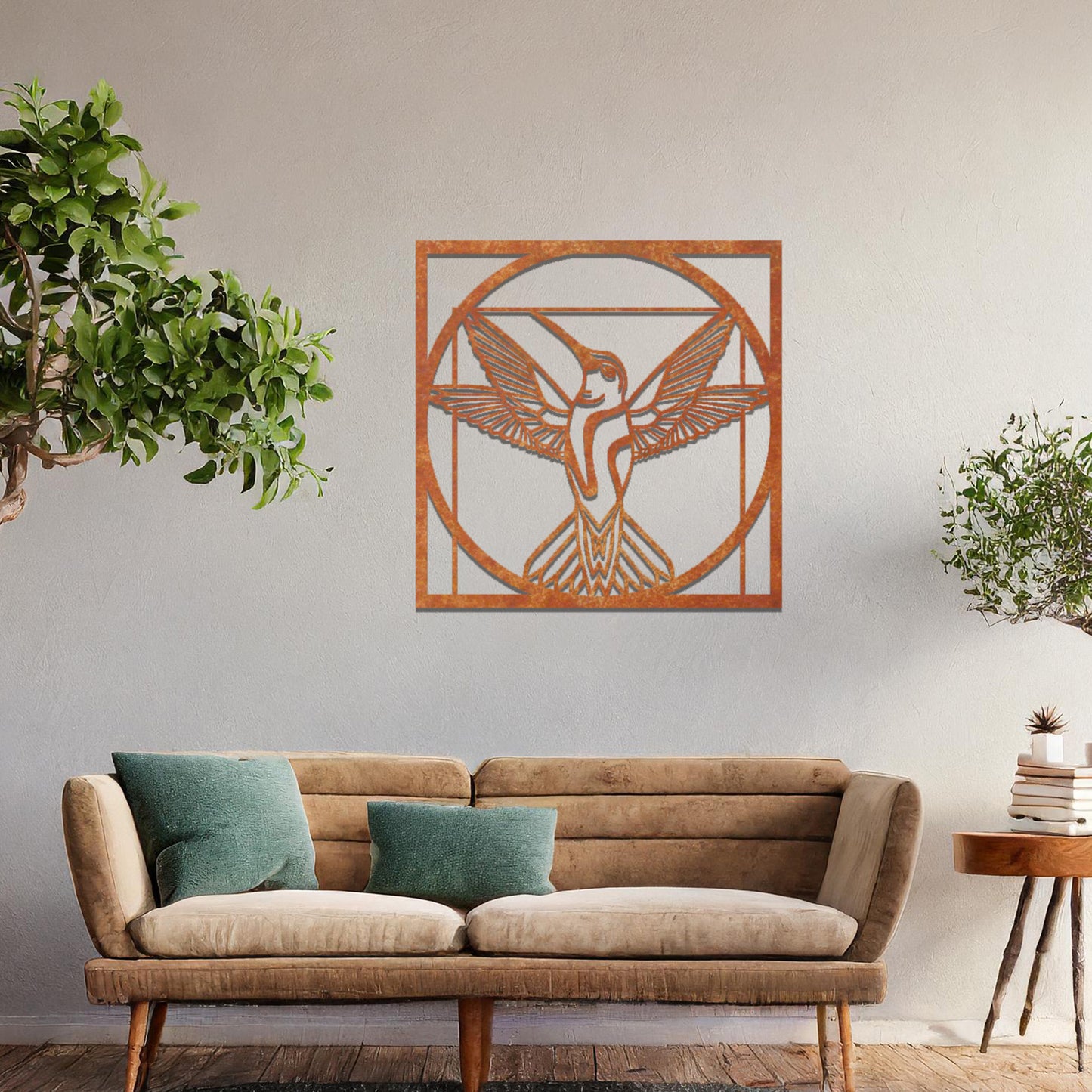 Square wall art featuring a hummingbird in a geometric frame, its wings spread gracefully within a circular design, adding a harmonious and elegant focal point to your space.