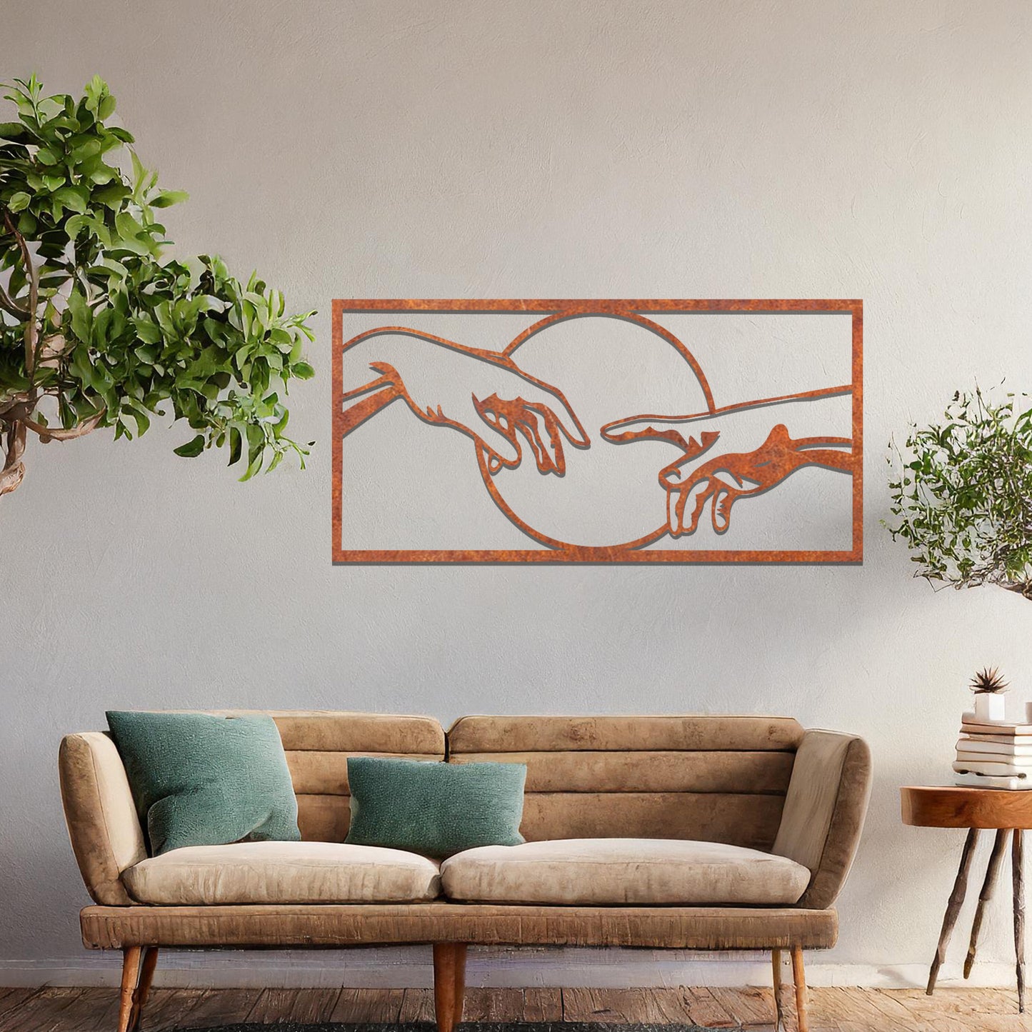 Inspired by Michelangelo’s "Creation of Adam," this artistic design captures the iconic moment of two hands almost touching within a circular frame. A timeless representation of connection and artistry.