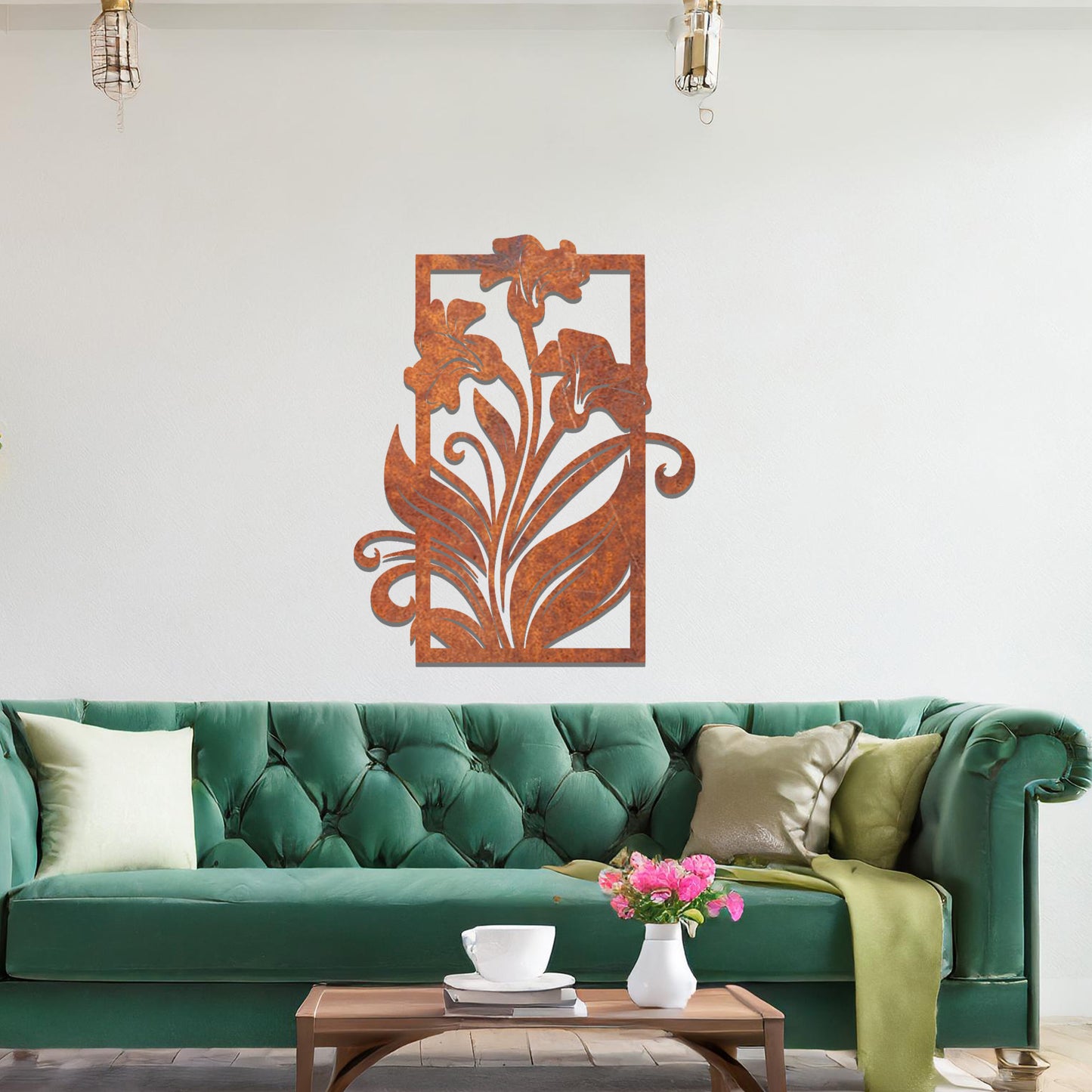 A metal wall art design featuring a graceful floral arrangement with flowers and curving leaves within a rectangular frame. The art is displayed on a neutral wall in a modern living room, enhancing the space with a touch of elegance and nature.