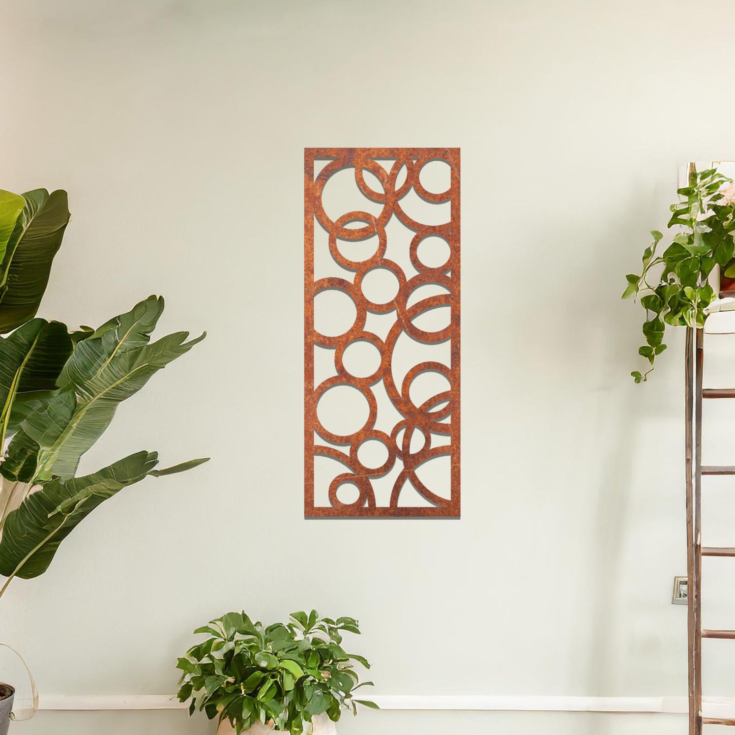 Geometric wall art design featuring an arrangement of overlapping and varying-sized circles, creating a dynamic and modern aesthetic.