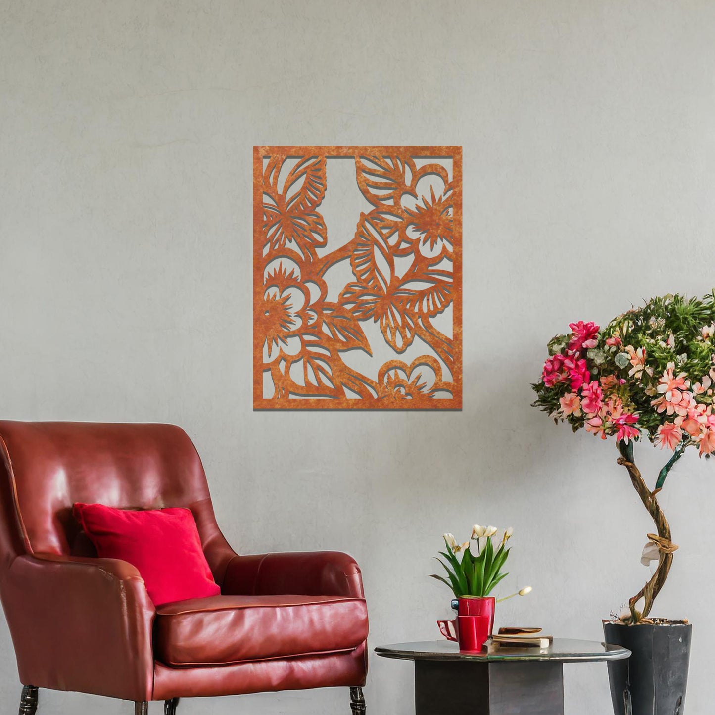 Metal wall art featuring a square design with a floral motif of blooming flowers and intricate leaves, mounted on a neutral wall within modern bedroom decor. The delicate detailing and natural theme create a soothing and elegant focal point, enhancing the space's aesthetic.
