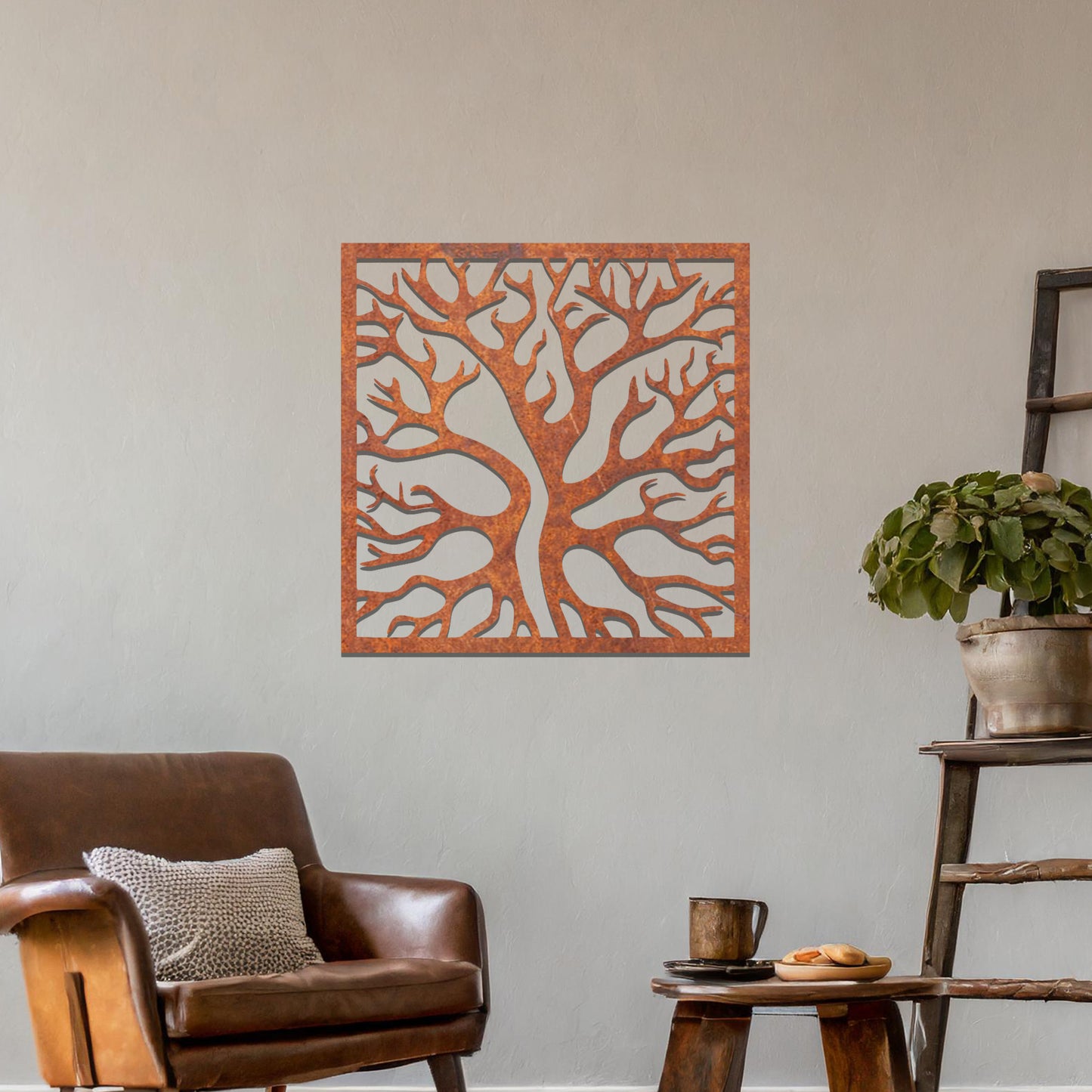 Abstract tree design with intricate branches, framed in a square shape, creating a bold and artistic look for modern wall decor.